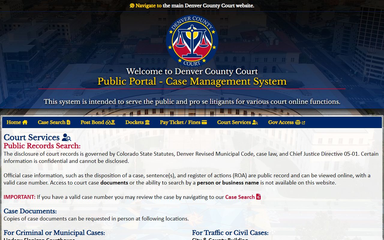 Denver County Court services page for white pages court records