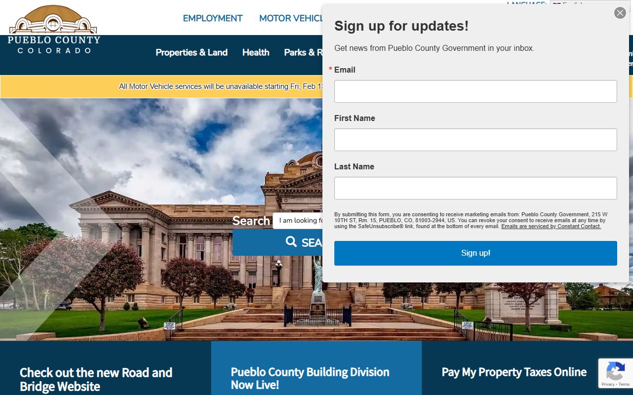 Pueblo County Colorado homepage for white pages and public records