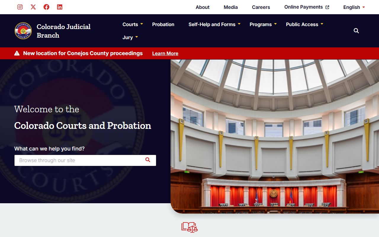 Colorado Judicial Branch homepage for white pages court records